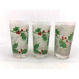 VTG Fred Press Holiday Ice Frosted Holly Leaves & Berries Glasses Set of 3 MCM